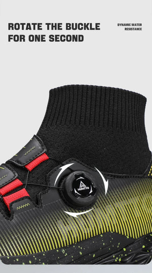 Les chaussures de randonnée Humtto "HUMTTO - HT-350632A" présentent un design noir, une semelle épaisse, un collier de chaussettes intégré, un cadran réglable et une adhérence antidérapante - parfaites comme chaussures de randonnée homme antidérapantes.