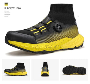 Les chaussures de randonnée Humtto "HUMTTO - HT-350632A" présentent un design noir, une semelle épaisse, un collier de chaussettes intégré, un cadran réglable et une adhérence antidérapante - parfaites comme chaussures de randonnée homme antidérapantes.