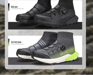 Les chaussures de randonnée Humtto "HUMTTO - HT-350632A" présentent un design noir, une semelle épaisse, un collier de chaussettes intégré, un cadran réglable et une adhérence antidérapante - parfaites comme chaussures de randonnée homme antidérapantes.