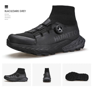 Les chaussures de randonnée Humtto "HUMTTO - HT-350632A" présentent un design noir, une semelle épaisse, un collier de chaussettes intégré, un cadran réglable et une adhérence antidérapante - parfaites comme chaussures de randonnée homme antidérapantes.