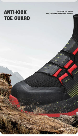 Les chaussures de randonnée Humtto "HUMTTO - HT-350632A" présentent un design noir, une semelle épaisse, un collier de chaussettes intégré, un cadran réglable et une adhérence antidérapante - parfaites comme chaussures de randonnée homme antidérapantes.