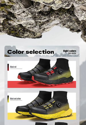 Les chaussures de randonnée Humtto "HUMTTO - HT-350632A" présentent un design noir, une semelle épaisse, un collier de chaussettes intégré, un cadran réglable et une adhérence antidérapante - parfaites comme chaussures de randonnée homme antidérapantes.