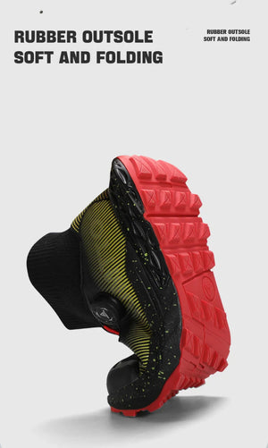 Les chaussures de randonnée Humtto "HUMTTO - HT-350632A" présentent un design noir, une semelle épaisse, un collier de chaussettes intégré, un cadran réglable et une adhérence antidérapante - parfaites comme chaussures de randonnée homme antidérapantes.