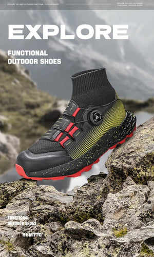 Les chaussures de randonnée Humtto "HUMTTO - HT-350632A" présentent un design noir, une semelle épaisse, un collier de chaussettes intégré, un cadran réglable et une adhérence antidérapante - parfaites comme chaussures de randonnée homme antidérapantes.