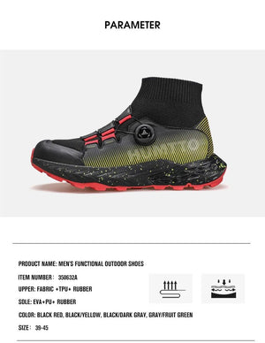 Les chaussures de randonnée Humtto "HUMTTO - HT-350632A" présentent un design noir, une semelle épaisse, un collier de chaussettes intégré, un cadran réglable et une adhérence antidérapante - parfaites comme chaussures de randonnée homme antidérapantes.