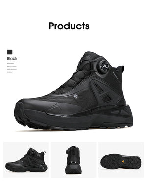 Les chaussures de randonnée mid-top pour homme "HUMTTO - HT-250818A", dotées de la technologie Static Waterproof, d'un soutien élevé de la cheville, d'une semelle texturée et d'un système de laçage rapide bouton rotatif, sont affichées sur un fond blanc.