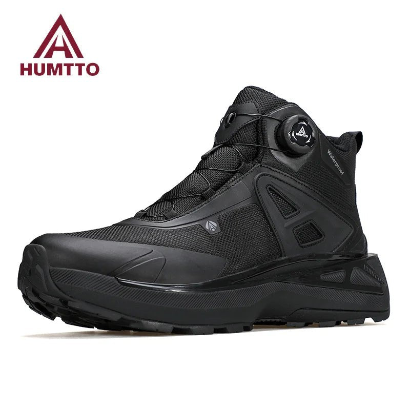 Les chaussures de randonnée mid-top pour homme "HUMTTO - HT-250818A", dotées de la technologie Static Waterproof, d'un soutien élevé de la cheville, d'une semelle texturée et d'un système de laçage rapide bouton rotatif, sont affichées sur un fond blanc.