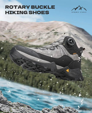 A single Humtto - HT-250366A mid-top randonnée/bottine d'expédition pour homme, gris et noir, antidérapant, protection splash-proof, maintien cheville, lacets, logo Humtto latéral et languette, sur fond blanc.