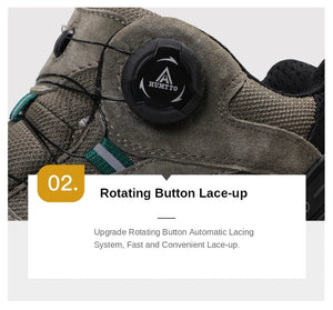 A pair of HUMTTO Chaussures de randonnée mid-top "HT-210626A" pour homme avec protection splash-proof, cuir véritable, semelle caoutchouc robuste, panneaux mesh et fermeture lacets, marron/noir avec accents verts, sur fond blanc.