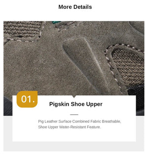 A pair of HUMTTO Chaussures de randonnée mid-top "HT-210626A" pour homme avec protection splash-proof, cuir véritable, semelle caoutchouc robuste, panneaux mesh et fermeture lacets, marron/noir avec accents verts, sur fond blanc.