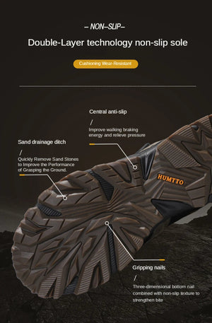 A pair of HUMTTO Chaussures de randonnée mid-top "HT-210626A" pour homme avec protection splash-proof, cuir véritable, semelle caoutchouc robuste, panneaux mesh et fermeture lacets, marron/noir avec accents verts, sur fond blanc.