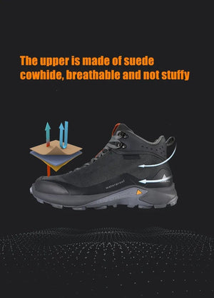 Humtto chaussures de randonnée mid-top pour homme "HT210500A" avec protection splash-proof, semelle robuste, fermeture à lacets et logo de la marque sur fond blanc.