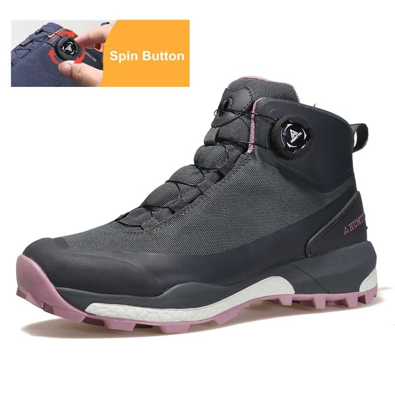 Une chaussure de randonnée pour femmes HUMTTO - HT-220838B violette avec protection contre les éclaboussures, semelle robuste, soutien de la cheville et système de laçage rapide, représentée sur un fond blanc avec le logo Humtto dans le coin supérieur gauche.