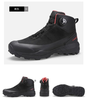 Une chaussure de randonnée pour femmes HUMTTO - HT-220838B violette avec protection contre les éclaboussures, semelle robuste, soutien de la cheville et système de laçage rapide, représentée sur un fond blanc avec le logo Humtto dans le coin supérieur gauche.