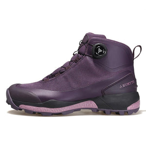 Une chaussure de randonnée pour femmes HUMTTO - HT-220838B violette avec protection contre les éclaboussures, semelle robuste, soutien de la cheville et système de laçage rapide, représentée sur un fond blanc avec le logo Humtto dans le coin supérieur gauche.