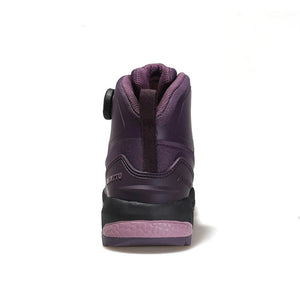 Une chaussure de randonnée pour femmes HUMTTO - HT-220838B violette avec protection contre les éclaboussures, semelle robuste, soutien de la cheville et système de laçage rapide, représentée sur un fond blanc avec le logo Humtto dans le coin supérieur gauche.