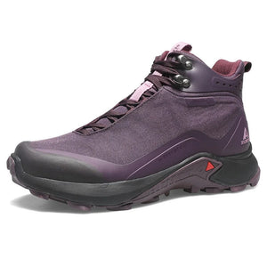 Une chaussure de randonnée pour femmes HUMTTO - HT-220838B violette avec protection contre les éclaboussures, semelle robuste, soutien de la cheville et système de laçage rapide, représentée sur un fond blanc avec le logo Humtto dans le coin supérieur gauche.