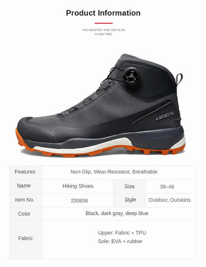 Les chaussures de randonnée Humtto HT-220838A pour hommes sont dotées d'une protection contre les éclaboussures, d'un système de laçage à cadran, d'un design gris et noir avec une bande de roulement orange, de logos visibles, et sont des chaussures de randonnée parfaites pour les sentiers accidentés.