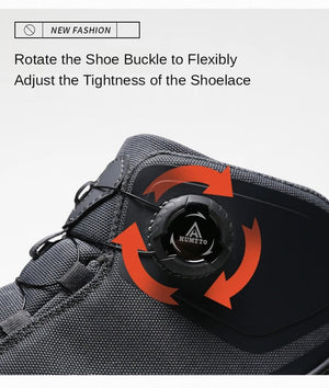 Les chaussures de randonnée Humtto HT-220838A pour hommes sont dotées d'une protection contre les éclaboussures, d'un système de laçage à cadran, d'un design gris et noir avec une bande de roulement orange, de logos visibles, et sont des chaussures de randonnée parfaites pour les sentiers accidentés.