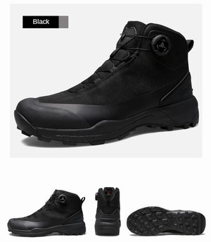 Les chaussures de randonnée Humtto HT-220838A pour hommes sont dotées d'une protection contre les éclaboussures, d'un système de laçage à cadran, d'un design gris et noir avec une bande de roulement orange, de logos visibles, et sont des chaussures de randonnée parfaites pour les sentiers accidentés.