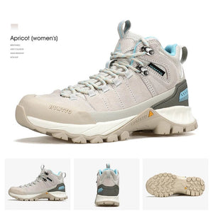 Les Chaussures de randonnée mid-top Humtto HT-250486B pour femme, en cuir véritable gris clair et beige avec accents bleus, semelle robuste et technologie Static Waterproof, idéales comme bottines d'alpinisme imperméables.