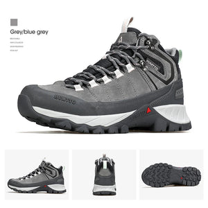 Les Chaussures de randonnée mid-top Humtto HT-250486B pour femme, en cuir véritable gris clair et beige avec accents bleus, semelle robuste et technologie Static Waterproof, idéales comme bottines d'alpinisme imperméables.