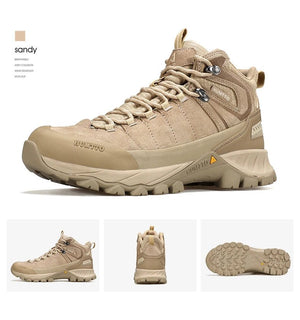 Chaussure de randonnée gris et noir Humtto "HT-250486A" pour homme, avec des accents orange, du cuir véritable, des œillets métalliques, une semelle robuste et la technologie Static Waterproof, montrée de profil sur fond blanc.