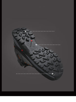 Chaussure de randonnée gris et noir Humtto "HT-250486A" pour homme, avec des accents orange, du cuir véritable, des œillets métalliques, une semelle robuste et la technologie Static Waterproof, montrée de profil sur fond blanc.