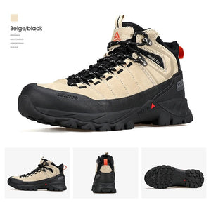 Chaussure de randonnée gris et noir Humtto "HT-250486A" pour homme, avec des accents orange, du cuir véritable, des œillets métalliques, une semelle robuste et la technologie Static Waterproof, montrée de profil sur fond blanc.