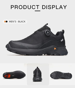 Les Humtto Chaussures de randonnée low-top pour homme "HT-140660A" en gris, dotées d'une semelle robuste, d'un système de laçage à molette et de la Technologie Event® Dynamic Waterproof, sont présentées sur fond blanc.