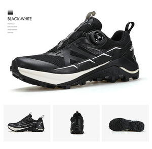 Chaussures de trail Humtto "RKT Explosive force" pour femmes, blanches et grises, avec semelle noire, accents jaunes et roses, laçage à bouton tournant et technologie Event® Dynamic Waterproof.