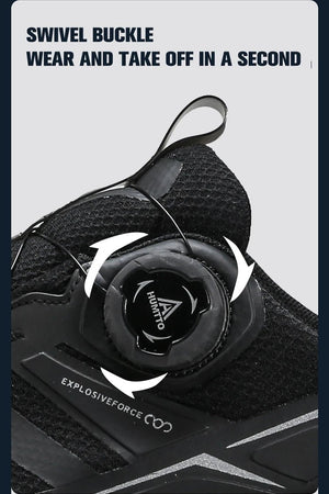 Chaussures de trail Humtto "RKT Explosive force" pour femmes, blanches et grises, avec semelle noire, accents jaunes et roses, laçage à bouton tournant et technologie Event® Dynamic Waterproof.