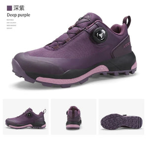 Les chaussures de trail/randonnée low-top pour femme Humtto "HUMTTO - HT-120142B" sont dotées d'une protection contre les éclaboussures, d'une fermeture à cadran noir, d'une semelle robuste et d'une tige en maille pour une excellente adhérence en tant qu'antidérapantes, présentées sur un fond blanc uni.
