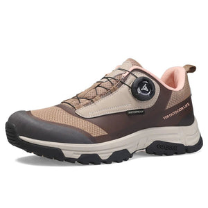 La chaussure de trail/course Humtto "HT-120045B" pour femmes présente une tige en maille rose et violette, une semelle épaisse, une protection contre les éclaboussures et un système de laçage twist-lock, alliant confort élégant et fonctionnalité.