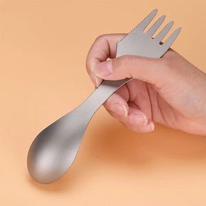 Cuitochette, cuillère, fourchette, couteau de camping en titane 3 en 1 pour le camping, bivouac, bushcraft "Ti - Artisan - TA - 1" - Planète Rando