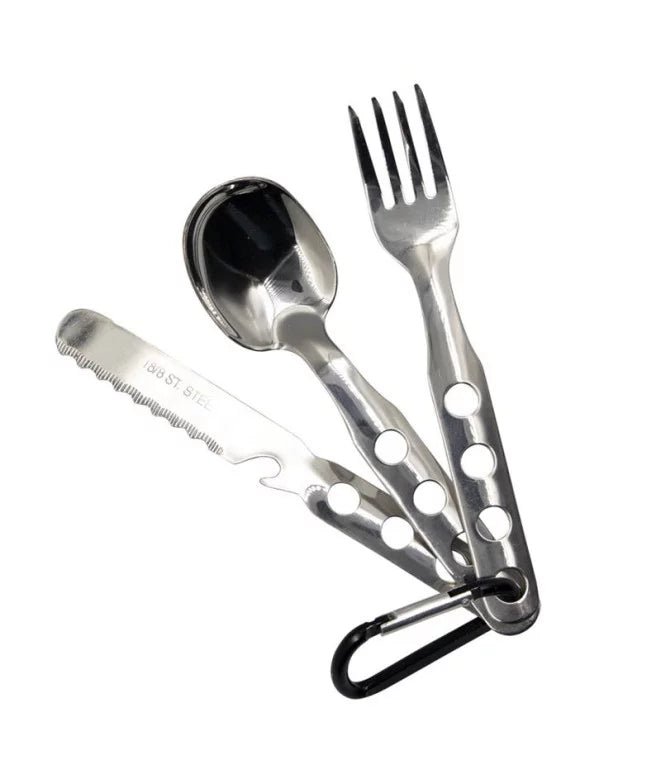 Ensemble de couverts en acier inox avec mousqueton en aluminium "Laken - 1410MA" - Planète Rando