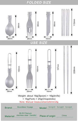 Ensemble de couverts en titane, couteau, cuillère, fourchette, baguettes portables "Boundless Voyage - Ti1122T / Ti1123T" - Planète Rando