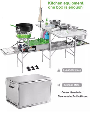 Ensemble de cuisine mobile pour camping avec réchaud et batterie de cuisine en acier inoxydable "BRS - Kitchen box" - Planète Rando