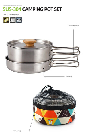 Ensemble popote en acier inoxydable 304 pour le bivouac et le camping "CLS Outdoor - Camping Pot Set" - Planète Rando