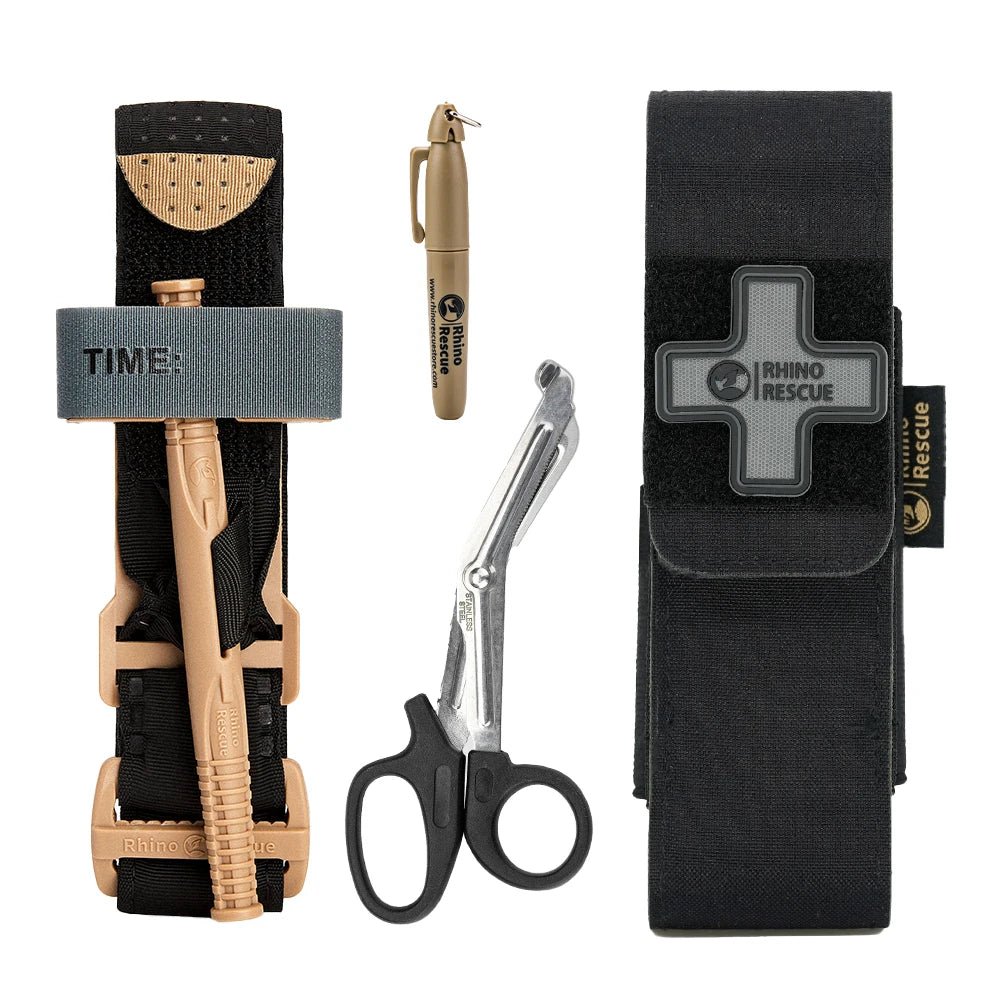 Garrot tourniquet avec ciseaux et marqueur de traumatisme pour les premiers secours tactiques "RHINO RESCUE - Tourniquet Poutch " - Planète Rando
