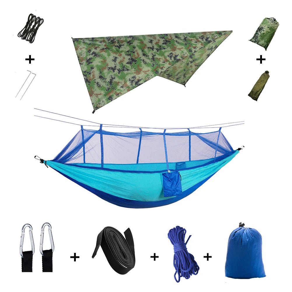 Hamac de couchage en kit 3 en 1 en toile de parachute avec moustiquaire et tarp anti - pluie "Dutrieux Outdoor - DL010009" - Planète Rando