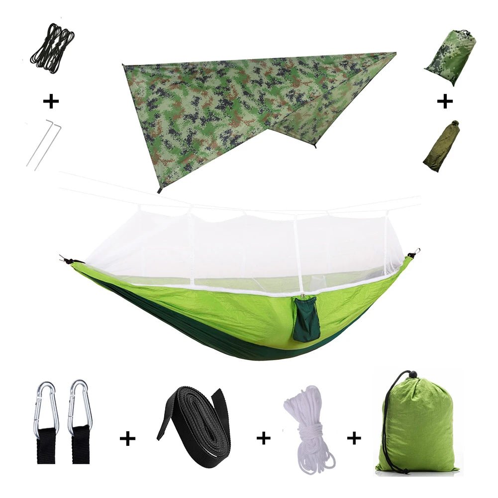 Hamac de couchage en kit 3 en 1 en toile de parachute avec moustiquaire et tarp anti - pluie "Dutrieux Outdoor - DL010009" - Planète Rando