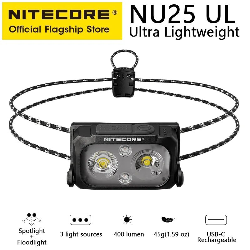 Lampe frontale 400 lumens rechargeable USB - C 3 modes à partir de 45g "NITECORE - NU25 series" - Planète Rando