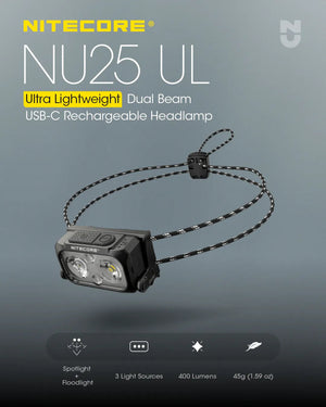 Lampe frontale 400 lumens rechargeable USB - C 3 modes à partir de 45g "NITECORE - NU25 series" - Planète Rando