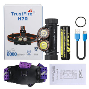 Lampe frontale rechargeable USB 2000 lumens, LED rouge et blanche "Trustfire - H7R" - Planète Rando