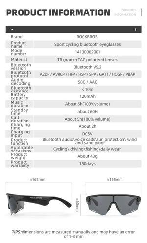 Lunettes connectée / audio Bluetooth V5.2 avec batterie rechargeable 120 mAh & technologie Vstimulations "ROCKBROS - SP2500 series" - Planète Rando