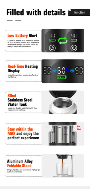 Machine à café expresso portable avec affichage numérique avec capsules 3 en 1 pour la randonnée et le camping "DENOKIN - KF - JN - 02 Pro" - Planète Rando