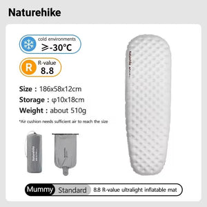 Matelas gonflable de randonnée ultraléger 4 saison à partir de 460g R - value 8.8 "Naturehike – R8.8 Inflatable Mattress" - Planète Rando