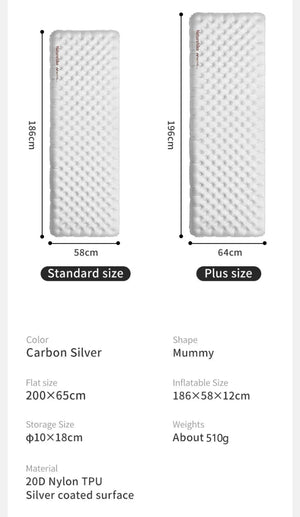 Matelas gonflable de randonnée ultraléger 4 saison à partir de 460g R - value 8.8 "Naturehike – R8.8 Inflatable Mattress" - Planète Rando