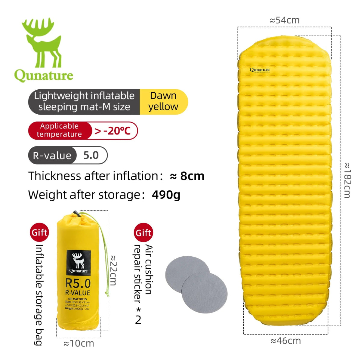 Matelas gonflable ultra - léger pour le bivouac et camping R - Value 5.0 confort - 10°C à partir de 490g "Qunature - 600084" - Planète Rando